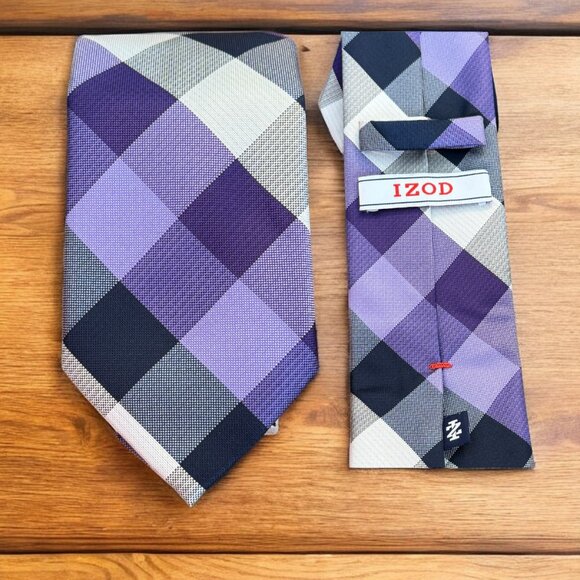 IZOD Purple Black & White Checkered Men's Tie - Picture 1 of 5